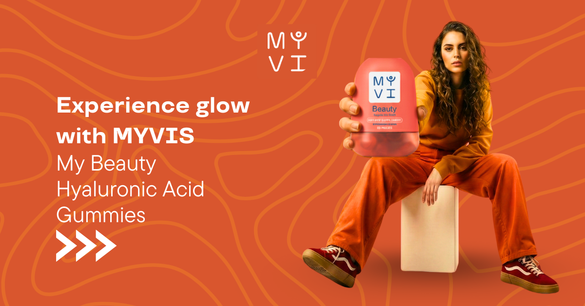 Discover the secret to radiant skin with MYVIs My Beauty hyaluronic acid gummies! Vegan, gluten & soy-free. Shop now for a youthful glow!